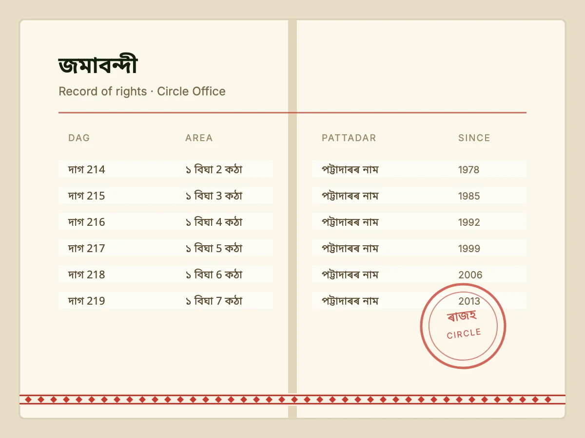 A jamabandi register open at a page of dag numbers